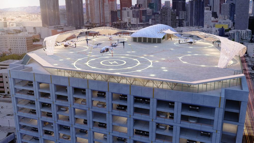 Pictured is the PS&S architectural design for a parking garage rooftop vertiport for eVTOL aircraft. PS&S Image